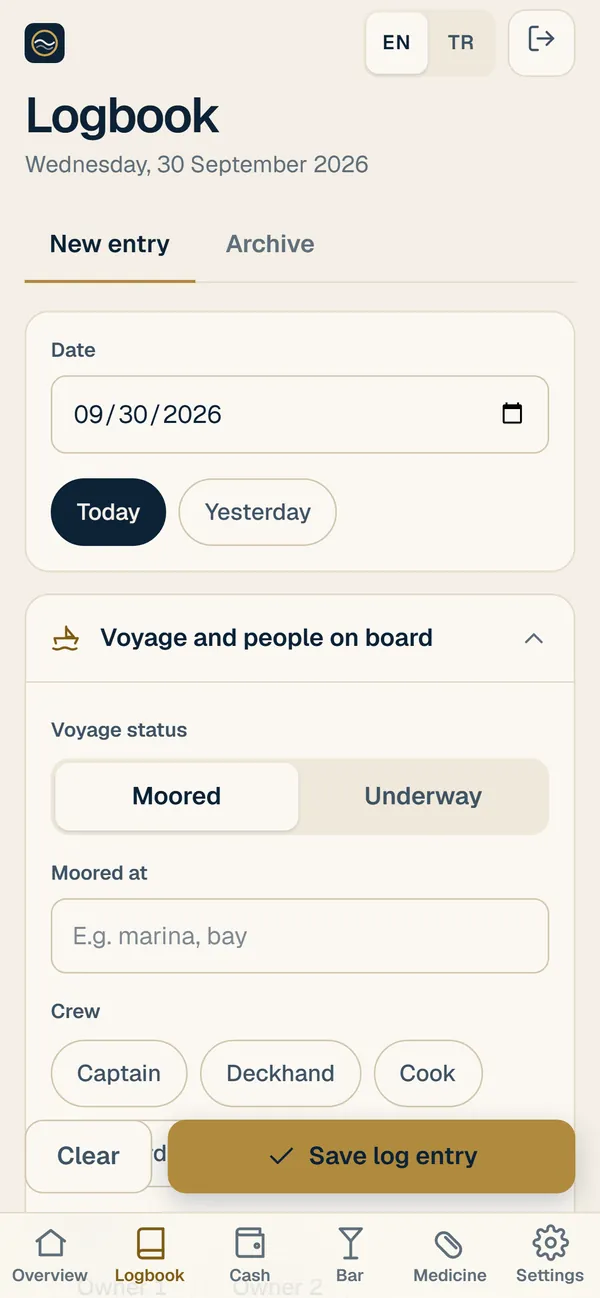 Daily log screen