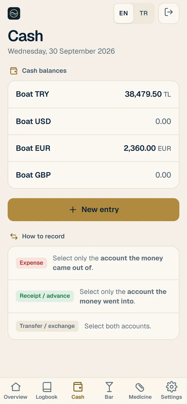 Cash screen with a balance per currency