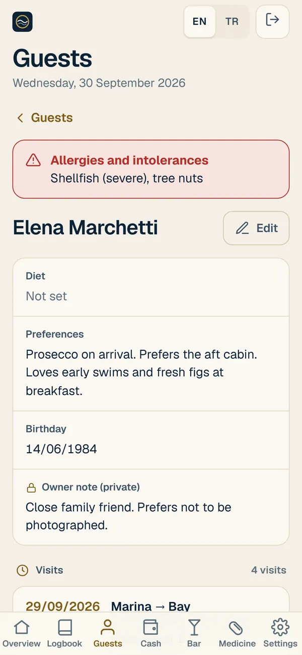 Guest profile with a red allergy banner